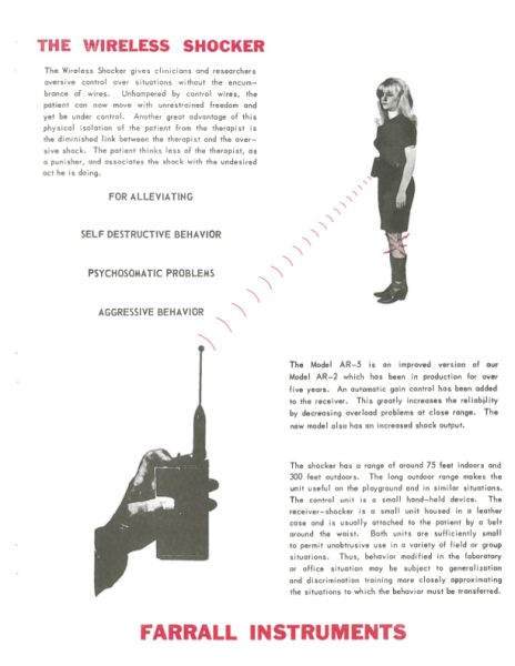 Continuation of Product introduction page for The Wireless Shocker. Pink headings and black text. Photo of a hand held shocker with pink rays extending toward a woman and pink shock waves surrounding her knee. 