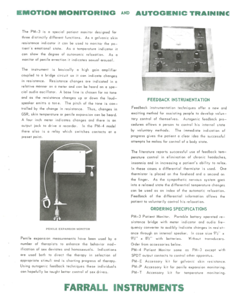 Product introduction page for the Emotion Monitoring and Autogenic Training. Green headings and black text. Photo of a visually keyed shocker and a penile expansion monitor.