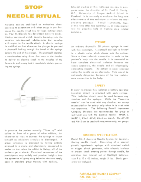 Product introduction page for the Stop Needle Ritual. Yellow  headings and black text.and black text. Photo of a tube attached to a longer needle and syringe. 
