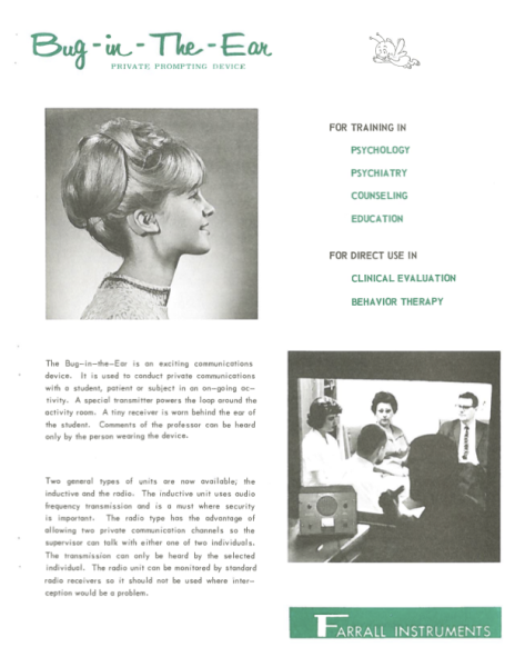 Product introduction page for the Bug-in-the-Ear. Green headings and black text. Photo of a blonde woman’s profile; she has an elaborate hairstyle and an earpiece. Photo of several people separated by a window from a technician who has a shocker. 