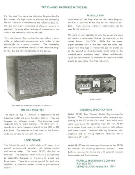 Continuation of Product introduction page for the Bug-in-the-Ear. Green headings and black text. Photo of a speaker and a model of a Bug-in-the-Ear radio. 