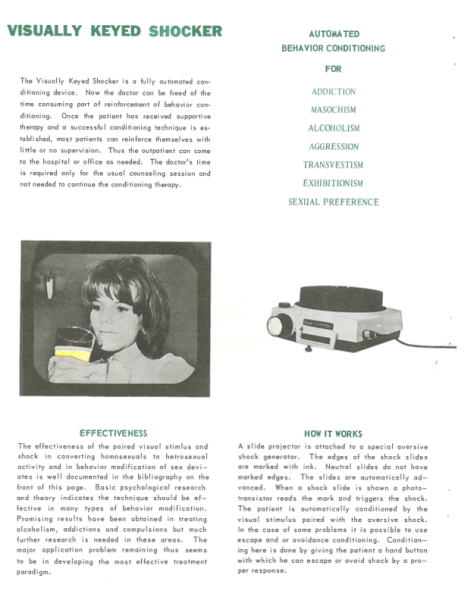 Continuation of Product introduction page for the Visually Keyed Shocker. Green headings and black text. Includes a black and white photo of a young woman with a bob haircut drinking a cup of yellow liquid, there is a black border around here, giving the impression of a TV screen. Photo of a projector. 