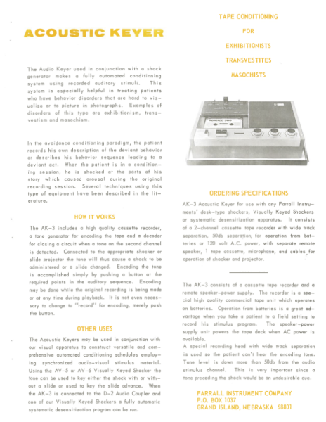 Product introduction page for the Acoustic Keyer. Photograph of a tape player for tape conditioning. Yellow headings and black text.